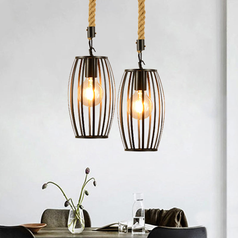 1 Light Metal and Rope Hanging Light Farmhouse Style Black Globe/Cylinder/Barrel Cage Dining Room Pendant Lamp Clearhalo 'Art Deco Pendants' 'Black' 'Cast Iron' 'Ceiling Lights' 'Ceramic' 'Crystal' 'Industrial Pendants' 'Industrial' 'Metal' 'Middle Century Pendants' 'Pendant Lights' 'Pendants' 'Rustic Pendants' 'Tiffany' Lighting' 1796357