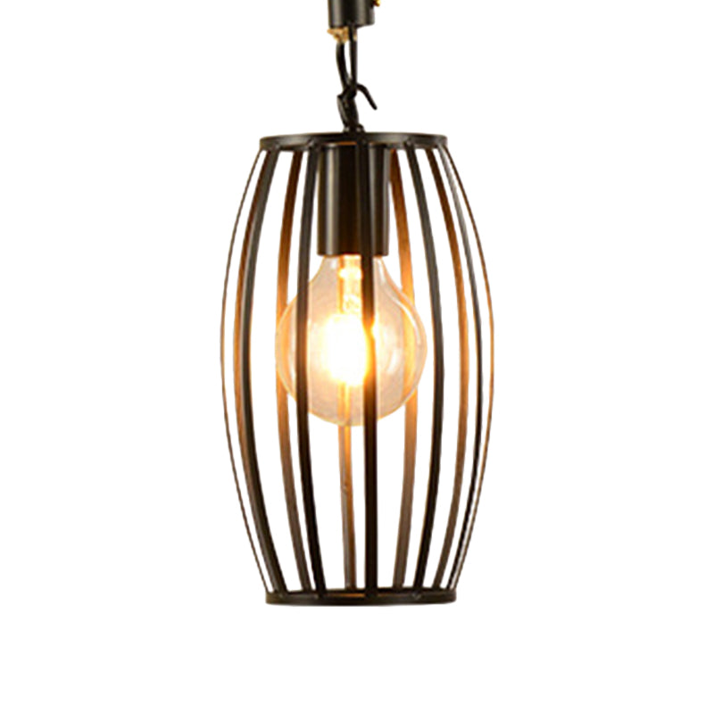 1 Light Metal and Rope Hanging Light Farmhouse Style Black Globe/Cylinder/Barrel Cage Dining Room Pendant Lamp Clearhalo 'Art Deco Pendants' 'Black' 'Cast Iron' 'Ceiling Lights' 'Ceramic' 'Crystal' 'Industrial Pendants' 'Industrial' 'Metal' 'Middle Century Pendants' 'Pendant Lights' 'Pendants' 'Rustic Pendants' 'Tiffany' Lighting' 1796360