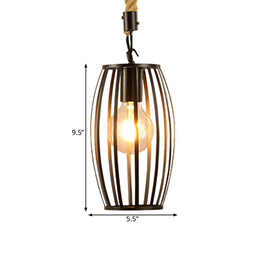 1 Light Metal and Rope Hanging Light Farmhouse Style Black Globe/Cylinder/Barrel Cage Dining Room Pendant Lamp Clearhalo 'Art Deco Pendants' 'Black' 'Cast Iron' 'Ceiling Lights' 'Ceramic' 'Crystal' 'Industrial Pendants' 'Industrial' 'Metal' 'Middle Century Pendants' 'Pendant Lights' 'Pendants' 'Rustic Pendants' 'Tiffany' Lighting' 1796361