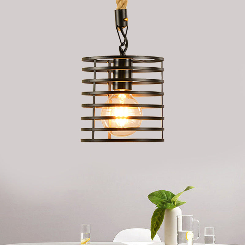 1 Light Metal and Rope Hanging Light Farmhouse Style Black Globe/Cylinder/Barrel Cage Dining Room Pendant Lamp Clearhalo 'Art Deco Pendants' 'Black' 'Cast Iron' 'Ceiling Lights' 'Ceramic' 'Crystal' 'Industrial Pendants' 'Industrial' 'Metal' 'Middle Century Pendants' 'Pendant Lights' 'Pendants' 'Rustic Pendants' 'Tiffany' Lighting' 1796363