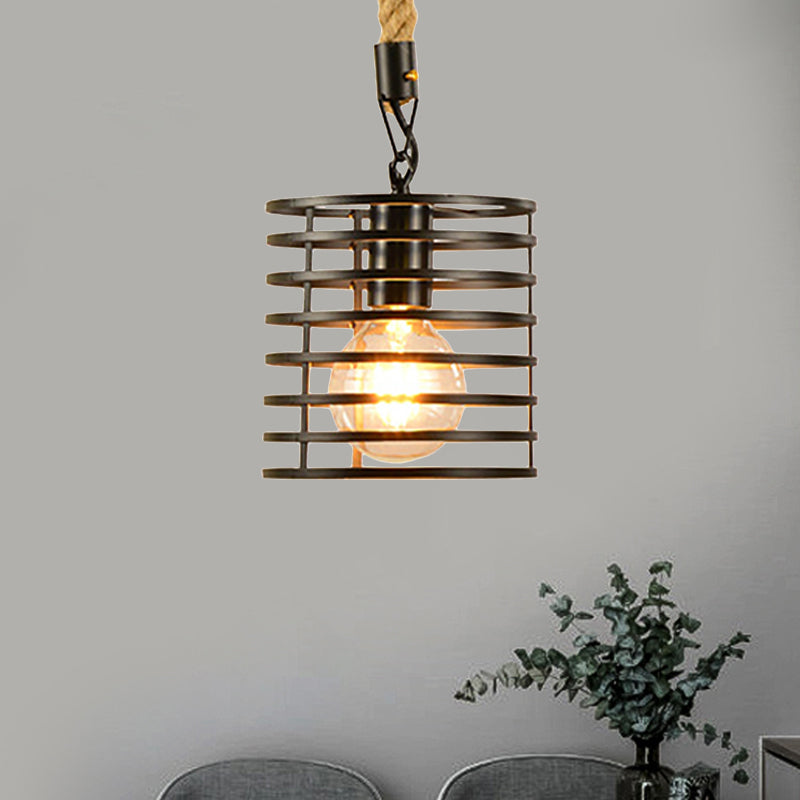 1 Light Metal and Rope Hanging Light Farmhouse Style Black Globe/Cylinder/Barrel Cage Dining Room Pendant Lamp Clearhalo 'Art Deco Pendants' 'Black' 'Cast Iron' 'Ceiling Lights' 'Ceramic' 'Crystal' 'Industrial Pendants' 'Industrial' 'Metal' 'Middle Century Pendants' 'Pendant Lights' 'Pendants' 'Rustic Pendants' 'Tiffany' Lighting' 1796364