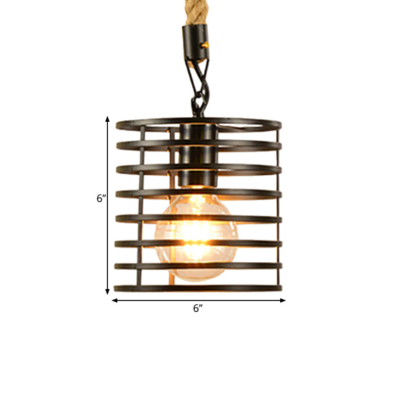 1 Light Metal and Rope Hanging Light Farmhouse Style Black Globe/Cylinder/Barrel Cage Dining Room Pendant Lamp Clearhalo 'Art Deco Pendants' 'Black' 'Cast Iron' 'Ceiling Lights' 'Ceramic' 'Crystal' 'Industrial Pendants' 'Industrial' 'Metal' 'Middle Century Pendants' 'Pendant Lights' 'Pendants' 'Rustic Pendants' 'Tiffany' Lighting' 1796366