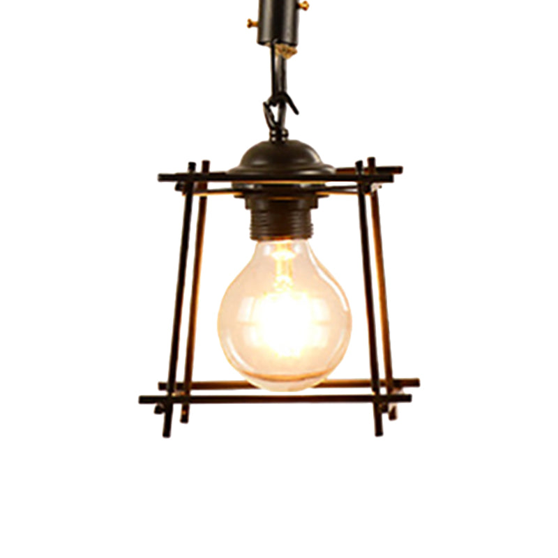 Metal and Rope Black Pendant Light Wire Cage 1 Light Vintage Style Hanging Lamp with Cylinder/Square Shade Clearhalo 'Art Deco Pendants' 'Black' 'Cast Iron' 'Ceiling Lights' 'Ceramic' 'Crystal' 'Industrial Pendants' 'Industrial' 'Metal' 'Middle Century Pendants' 'Pendant Lights' 'Pendants' 'Rustic Pendants' 'Tiffany' Lighting' 1796370