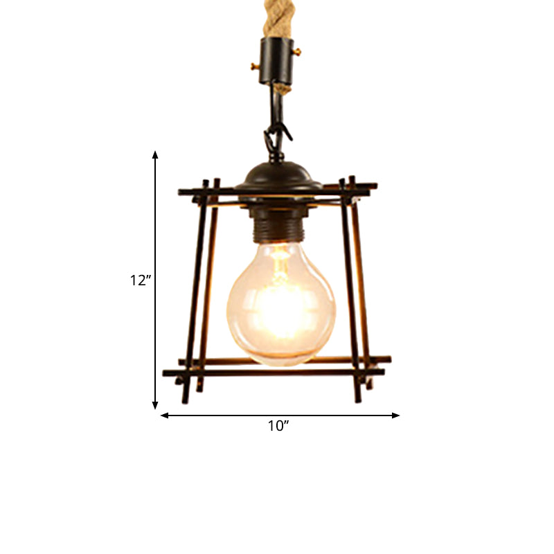 Metal and Rope Black Pendant Light Wire Cage 1 Light Vintage Style Hanging Lamp with Cylinder/Square Shade Clearhalo 'Art Deco Pendants' 'Black' 'Cast Iron' 'Ceiling Lights' 'Ceramic' 'Crystal' 'Industrial Pendants' 'Industrial' 'Metal' 'Middle Century Pendants' 'Pendant Lights' 'Pendants' 'Rustic Pendants' 'Tiffany' Lighting' 1796371