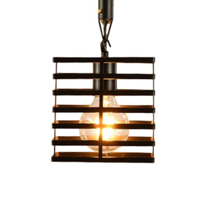Metal and Rope Black Pendant Light Wire Cage 1 Light Vintage Style Hanging Lamp with Cylinder/Square Shade Clearhalo 'Art Deco Pendants' 'Black' 'Cast Iron' 'Ceiling Lights' 'Ceramic' 'Crystal' 'Industrial Pendants' 'Industrial' 'Metal' 'Middle Century Pendants' 'Pendant Lights' 'Pendants' 'Rustic Pendants' 'Tiffany' Lighting' 1796375