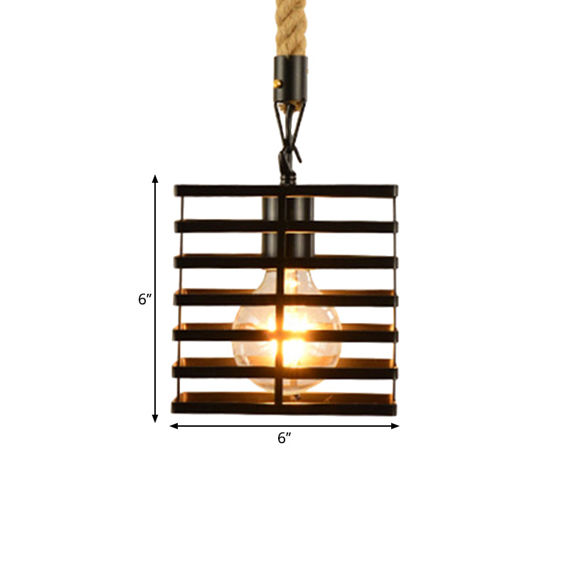 Metal and Rope Black Pendant Light Wire Cage 1 Light Vintage Style Hanging Lamp with Cylinder/Square Shade Clearhalo 'Art Deco Pendants' 'Black' 'Cast Iron' 'Ceiling Lights' 'Ceramic' 'Crystal' 'Industrial Pendants' 'Industrial' 'Metal' 'Middle Century Pendants' 'Pendant Lights' 'Pendants' 'Rustic Pendants' 'Tiffany' Lighting' 1796376