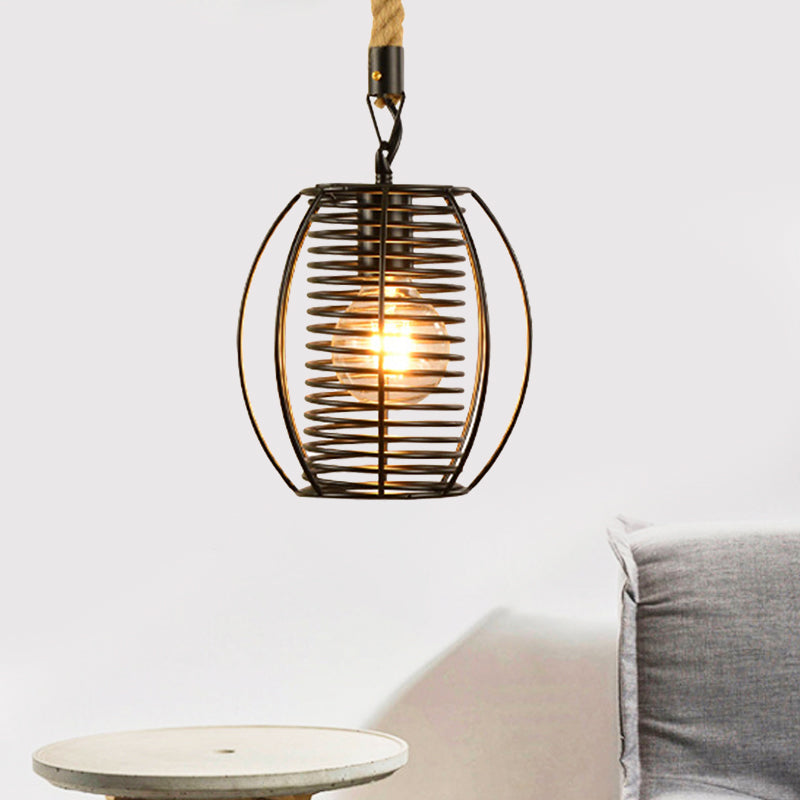 Metal and Rope Black Pendant Light Wire Cage 1 Light Vintage Style Hanging Lamp with Cylinder/Square Shade Black Barrel Clearhalo 'Art Deco Pendants' 'Black' 'Cast Iron' 'Ceiling Lights' 'Ceramic' 'Crystal' 'Industrial Pendants' 'Industrial' 'Metal' 'Middle Century Pendants' 'Pendant Lights' 'Pendants' 'Rustic Pendants' 'Tiffany' Lighting' 1796378