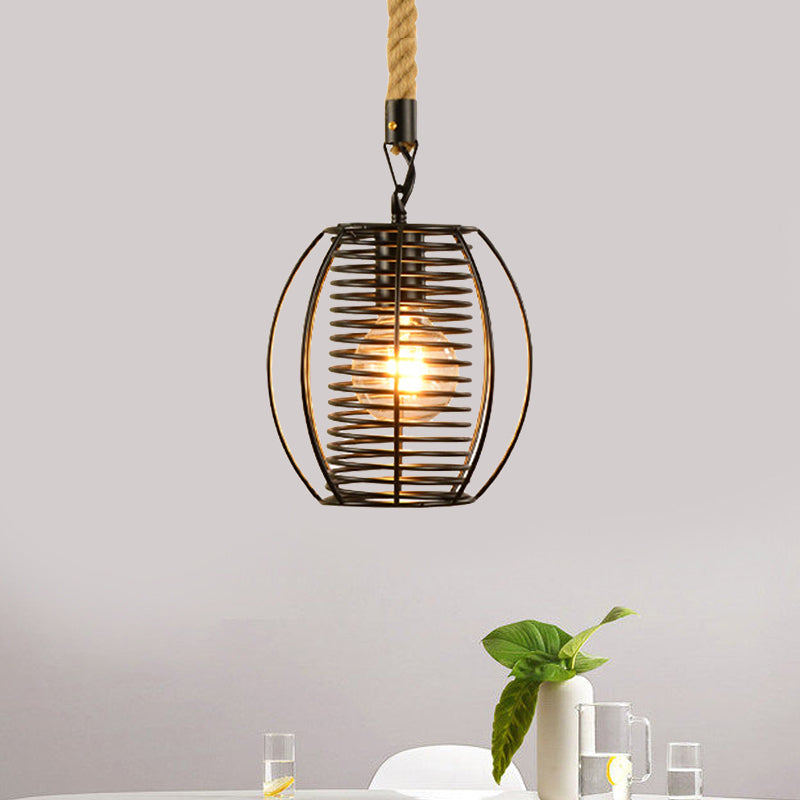 Metal and Rope Black Pendant Light Wire Cage 1 Light Vintage Style Hanging Lamp with Cylinder/Square Shade Clearhalo 'Art Deco Pendants' 'Black' 'Cast Iron' 'Ceiling Lights' 'Ceramic' 'Crystal' 'Industrial Pendants' 'Industrial' 'Metal' 'Middle Century Pendants' 'Pendant Lights' 'Pendants' 'Rustic Pendants' 'Tiffany' Lighting' 1796379