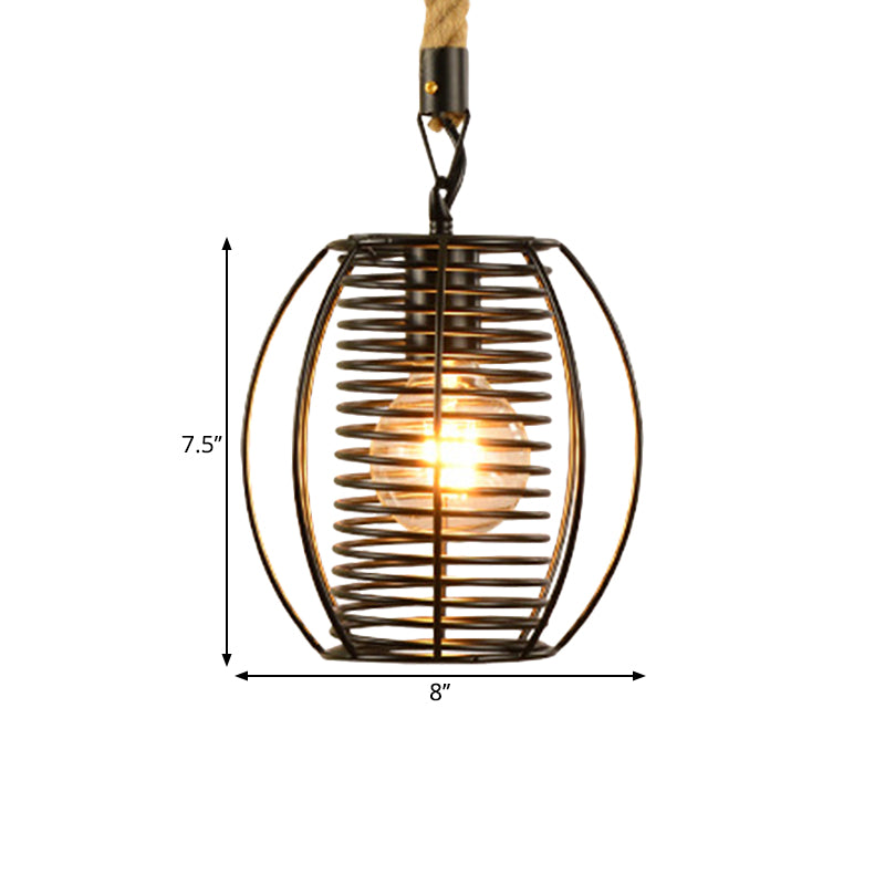 Metal and Rope Black Pendant Light Wire Cage 1 Light Vintage Style Hanging Lamp with Cylinder/Square Shade Clearhalo 'Art Deco Pendants' 'Black' 'Cast Iron' 'Ceiling Lights' 'Ceramic' 'Crystal' 'Industrial Pendants' 'Industrial' 'Metal' 'Middle Century Pendants' 'Pendant Lights' 'Pendants' 'Rustic Pendants' 'Tiffany' Lighting' 1796381