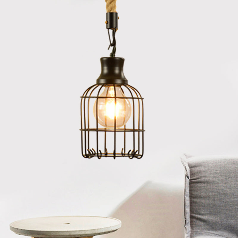 Metal and Rope Black Pendant Light Wire Cage 1 Light Vintage Style Hanging Lamp with Cylinder/Square Shade Clearhalo 'Art Deco Pendants' 'Black' 'Cast Iron' 'Ceiling Lights' 'Ceramic' 'Crystal' 'Industrial Pendants' 'Industrial' 'Metal' 'Middle Century Pendants' 'Pendant Lights' 'Pendants' 'Rustic Pendants' 'Tiffany' Lighting' 1796383