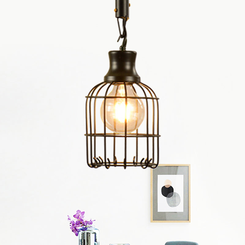 Metal and Rope Black Pendant Light Wire Cage 1 Light Vintage Style Hanging Lamp with Cylinder/Square Shade Clearhalo 'Art Deco Pendants' 'Black' 'Cast Iron' 'Ceiling Lights' 'Ceramic' 'Crystal' 'Industrial Pendants' 'Industrial' 'Metal' 'Middle Century Pendants' 'Pendant Lights' 'Pendants' 'Rustic Pendants' 'Tiffany' Lighting' 1796384