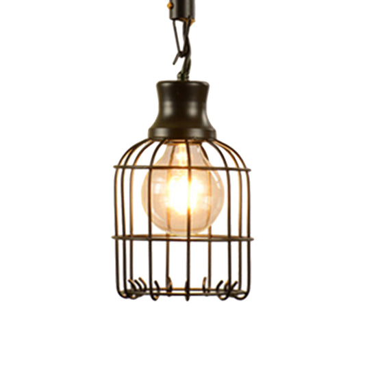 Metal and Rope Black Pendant Light Wire Cage 1 Light Vintage Style Hanging Lamp with Cylinder/Square Shade Clearhalo 'Art Deco Pendants' 'Black' 'Cast Iron' 'Ceiling Lights' 'Ceramic' 'Crystal' 'Industrial Pendants' 'Industrial' 'Metal' 'Middle Century Pendants' 'Pendant Lights' 'Pendants' 'Rustic Pendants' 'Tiffany' Lighting' 1796385