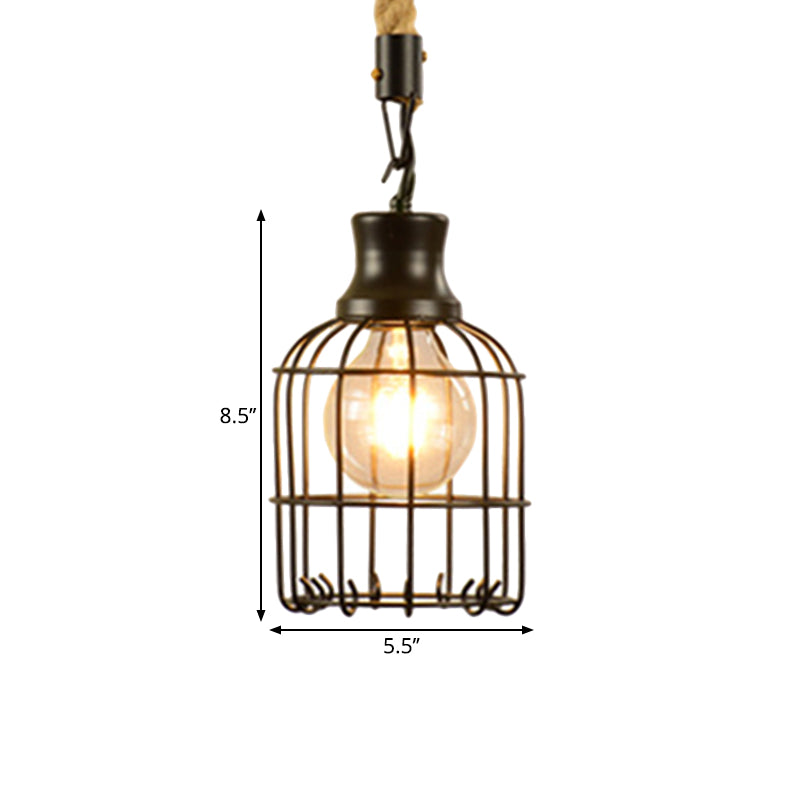 Metal and Rope Black Pendant Light Wire Cage 1 Light Vintage Style Hanging Lamp with Cylinder/Square Shade Clearhalo 'Art Deco Pendants' 'Black' 'Cast Iron' 'Ceiling Lights' 'Ceramic' 'Crystal' 'Industrial Pendants' 'Industrial' 'Metal' 'Middle Century Pendants' 'Pendant Lights' 'Pendants' 'Rustic Pendants' 'Tiffany' Lighting' 1796386