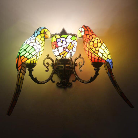Petal and Butterfly Wall Sconce with Parrot 3 Heads Tiffany Stained Glass Wall Lamp for Study Room Clearhalo 'Industrial' 'Middle century wall lights' 'Tiffany wall lights' 'Tiffany' 'Wall Lamps & Sconces' 'Wall Lights' Lighting' 179640