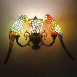 Petal and Butterfly Wall Sconce with Parrot 3 Heads Tiffany Stained Glass Wall Lamp for Study Room Clearhalo 'Industrial' 'Middle century wall lights' 'Tiffany wall lights' 'Tiffany' 'Wall Lamps & Sconces' 'Wall Lights' Lighting' 179640