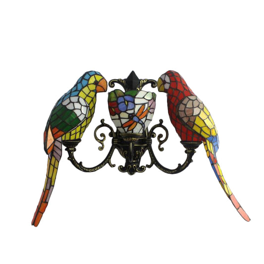 Petal and Butterfly Wall Sconce with Parrot 3 Heads Tiffany Stained Glass Wall Lamp for Study Room Clearhalo 'Industrial' 'Middle century wall lights' 'Tiffany wall lights' 'Tiffany' 'Wall Lamps & Sconces' 'Wall Lights' Lighting' 179641