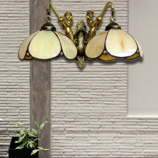 2 Lights Petal Sconce Lighting Tiffany Yellow Glass Sconce Light Fixture for Bedroom Yellow Clearhalo 'Industrial' 'Middle century wall lights' 'Tiffany wall lights' 'Tiffany' 'Wall Lamps & Sconces' 'Wall Lights' Lighting' 179643