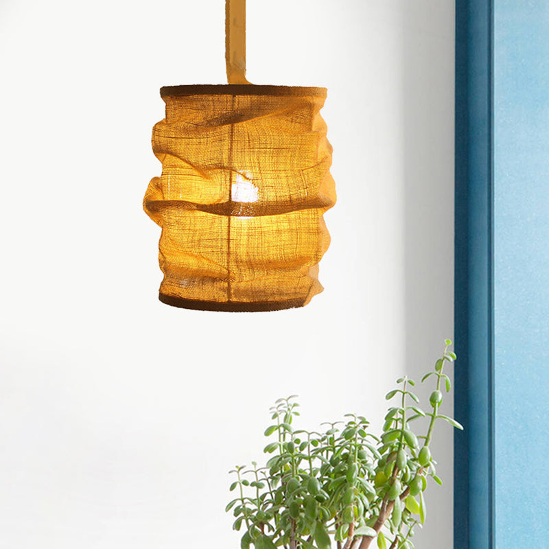 Vintage Style Lantern Ceiling Fixture 6.5"/9" W 1 Bulb Linen Hanging Lamp with Rope Cord in Yellow for Dining Room Clearhalo 'Ceiling Lights' 'Pendant Lights' 'Pendants' Lighting' 1796449