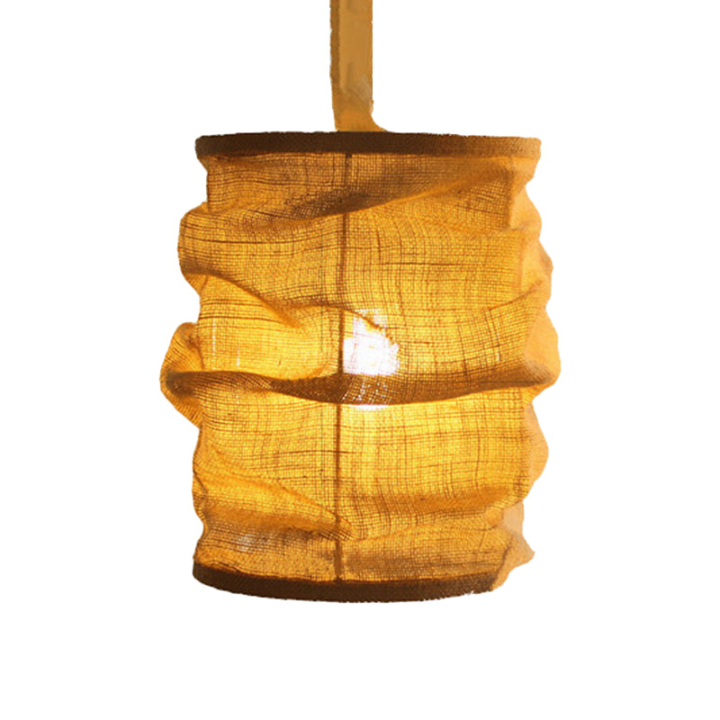 Vintage Style Lantern Ceiling Fixture 6.5"/9" W 1 Bulb Linen Hanging Lamp with Rope Cord in Yellow for Dining Room Clearhalo 'Ceiling Lights' 'Pendant Lights' 'Pendants' Lighting' 1796450