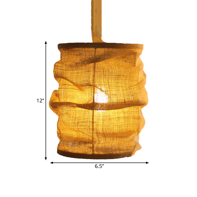 Vintage Style Lantern Ceiling Fixture 6.5"/9" W 1 Bulb Linen Hanging Lamp with Rope Cord in Yellow for Dining Room Clearhalo 'Ceiling Lights' 'Pendant Lights' 'Pendants' Lighting' 1796451