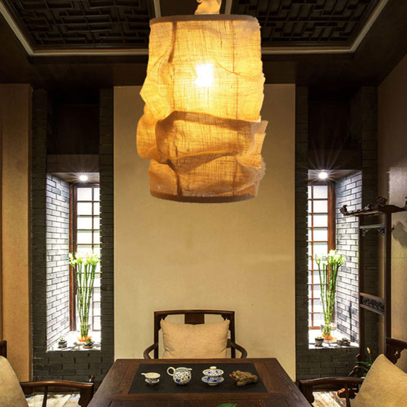 Vintage Style Lantern Ceiling Fixture 6.5"/9" W 1 Bulb Linen Hanging Lamp with Rope Cord in Yellow for Dining Room Yellow 9" Clearhalo 'Ceiling Lights' 'Pendant Lights' 'Pendants' Lighting' 1796452_b6f3c451-b5f0-43e6-a815-8b565c413e7b