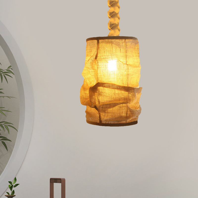 Vintage Style Lantern Ceiling Fixture 6.5"/9" W 1 Bulb Linen Hanging Lamp with Rope Cord in Yellow for Dining Room Clearhalo 'Ceiling Lights' 'Pendant Lights' 'Pendants' Lighting' 1796454