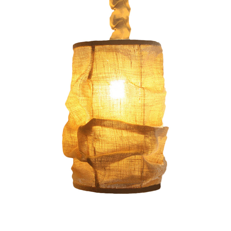 Vintage Style Lantern Ceiling Fixture 6.5"/9" W 1 Bulb Linen Hanging Lamp with Rope Cord in Yellow for Dining Room Clearhalo 'Ceiling Lights' 'Pendant Lights' 'Pendants' Lighting' 1796455