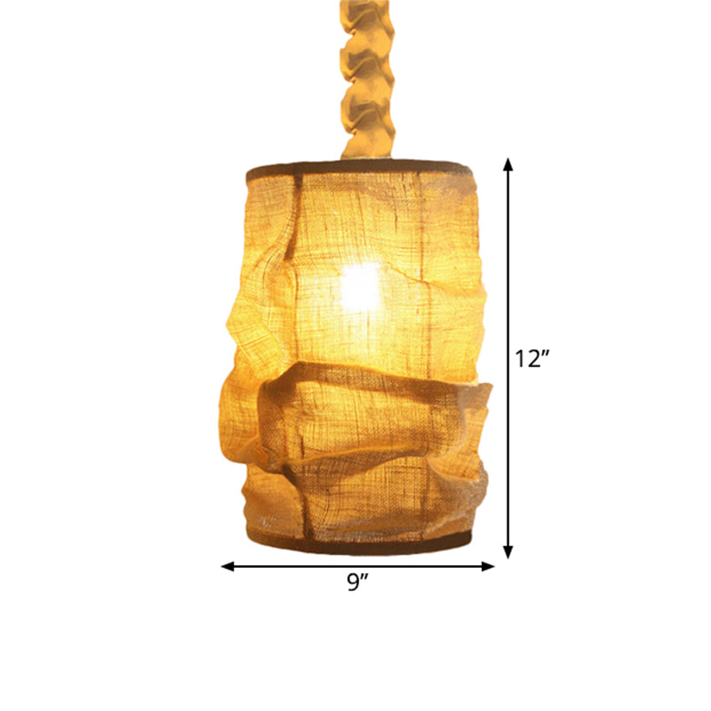 Vintage Style Lantern Ceiling Fixture 6.5"/9" W 1 Bulb Linen Hanging Lamp with Rope Cord in Yellow for Dining Room Clearhalo 'Ceiling Lights' 'Pendant Lights' 'Pendants' Lighting' 1796456