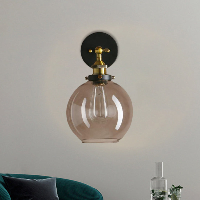 1 Light Grey Glass Wall Sconce Light Industrial Black/Brass/Copper Globe Living Room Lighting Fixture Black Clearhalo 'Cast Iron' 'Glass' 'Industrial wall lights' 'Industrial' 'Middle century wall lights' 'Modern' 'Tiffany' 'Traditional wall lights' 'Wall Lamps & Sconces' 'Wall Lights' Lighting' 1796462