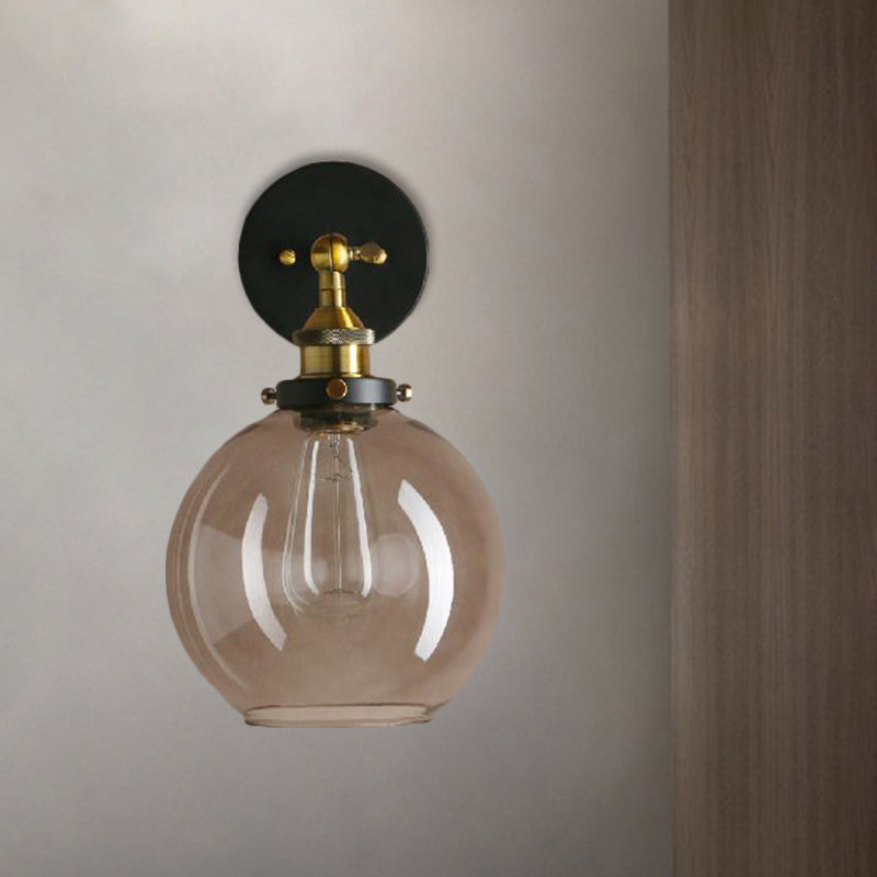 1 Light Grey Glass Wall Sconce Light Industrial Black/Brass/Copper Globe Living Room Lighting Fixture Clearhalo 'Cast Iron' 'Glass' 'Industrial wall lights' 'Industrial' 'Middle century wall lights' 'Modern' 'Tiffany' 'Traditional wall lights' 'Wall Lamps & Sconces' 'Wall Lights' Lighting' 1796463