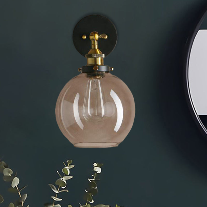 1 Light Grey Glass Wall Sconce Light Industrial Black/Brass/Copper Globe Living Room Lighting Fixture Clearhalo 'Cast Iron' 'Glass' 'Industrial wall lights' 'Industrial' 'Middle century wall lights' 'Modern' 'Tiffany' 'Traditional wall lights' 'Wall Lamps & Sconces' 'Wall Lights' Lighting' 1796464