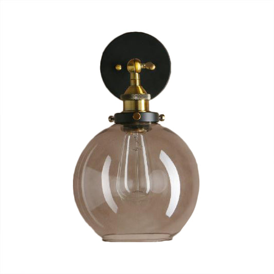 1 Light Grey Glass Wall Sconce Light Industrial Black/Brass/Copper Globe Living Room Lighting Fixture Clearhalo 'Cast Iron' 'Glass' 'Industrial wall lights' 'Industrial' 'Middle century wall lights' 'Modern' 'Tiffany' 'Traditional wall lights' 'Wall Lamps & Sconces' 'Wall Lights' Lighting' 1796465