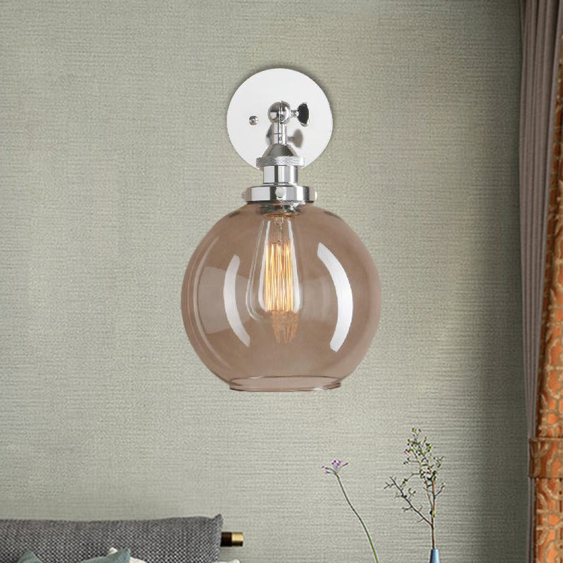 1 Light Grey Glass Wall Sconce Light Industrial Black/Brass/Copper Globe Living Room Lighting Fixture Chrome Clearhalo 'Cast Iron' 'Glass' 'Industrial wall lights' 'Industrial' 'Middle century wall lights' 'Modern' 'Tiffany' 'Traditional wall lights' 'Wall Lamps & Sconces' 'Wall Lights' Lighting' 1796467