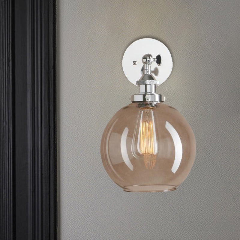 1 Light Grey Glass Wall Sconce Light Industrial Black/Brass/Copper Globe Living Room Lighting Fixture Clearhalo 'Cast Iron' 'Glass' 'Industrial wall lights' 'Industrial' 'Middle century wall lights' 'Modern' 'Tiffany' 'Traditional wall lights' 'Wall Lamps & Sconces' 'Wall Lights' Lighting' 1796468