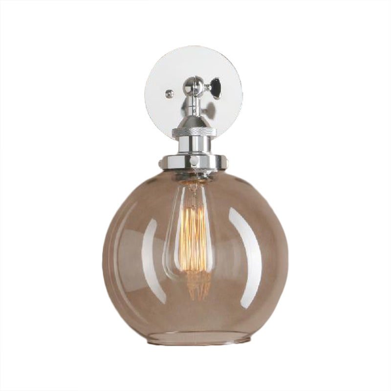 1 Light Grey Glass Wall Sconce Light Industrial Black/Brass/Copper Globe Living Room Lighting Fixture Clearhalo 'Cast Iron' 'Glass' 'Industrial wall lights' 'Industrial' 'Middle century wall lights' 'Modern' 'Tiffany' 'Traditional wall lights' 'Wall Lamps & Sconces' 'Wall Lights' Lighting' 1796469
