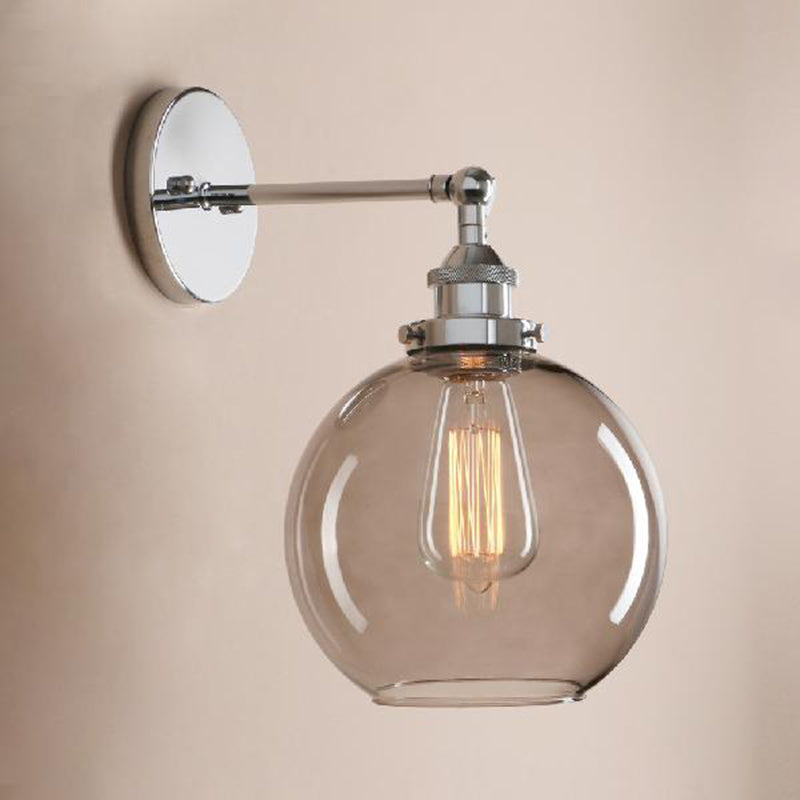 1 Light Grey Glass Wall Sconce Light Industrial Black/Brass/Copper Globe Living Room Lighting Fixture Clearhalo 'Cast Iron' 'Glass' 'Industrial wall lights' 'Industrial' 'Middle century wall lights' 'Modern' 'Tiffany' 'Traditional wall lights' 'Wall Lamps & Sconces' 'Wall Lights' Lighting' 1796470