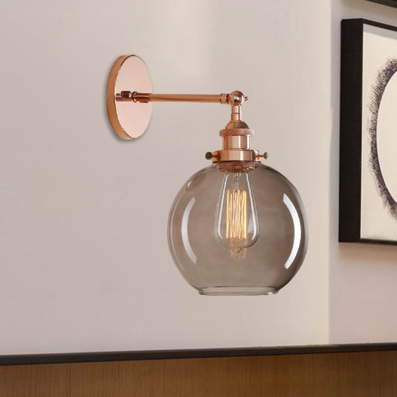 1 Light Grey Glass Wall Sconce Light Industrial Black/Brass/Copper Globe Living Room Lighting Fixture Copper Clearhalo 'Cast Iron' 'Glass' 'Industrial wall lights' 'Industrial' 'Middle century wall lights' 'Modern' 'Tiffany' 'Traditional wall lights' 'Wall Lamps & Sconces' 'Wall Lights' Lighting' 1796472