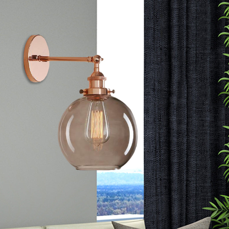 1 Light Grey Glass Wall Sconce Light Industrial Black/Brass/Copper Globe Living Room Lighting Fixture Clearhalo 'Cast Iron' 'Glass' 'Industrial wall lights' 'Industrial' 'Middle century wall lights' 'Modern' 'Tiffany' 'Traditional wall lights' 'Wall Lamps & Sconces' 'Wall Lights' Lighting' 1796473