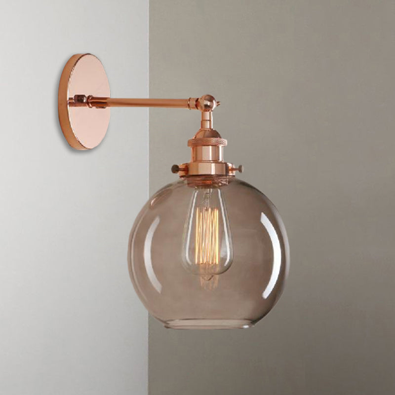 1 Light Grey Glass Wall Sconce Light Industrial Black/Brass/Copper Globe Living Room Lighting Fixture Clearhalo 'Cast Iron' 'Glass' 'Industrial wall lights' 'Industrial' 'Middle century wall lights' 'Modern' 'Tiffany' 'Traditional wall lights' 'Wall Lamps & Sconces' 'Wall Lights' Lighting' 1796474