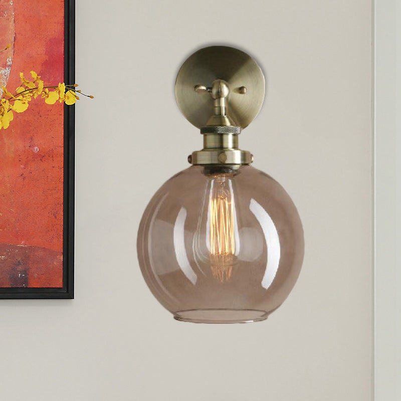 1 Light Grey Glass Wall Sconce Light Industrial Black/Brass/Copper Globe Living Room Lighting Fixture Clearhalo 'Cast Iron' 'Glass' 'Industrial wall lights' 'Industrial' 'Middle century wall lights' 'Modern' 'Tiffany' 'Traditional wall lights' 'Wall Lamps & Sconces' 'Wall Lights' Lighting' 1796479