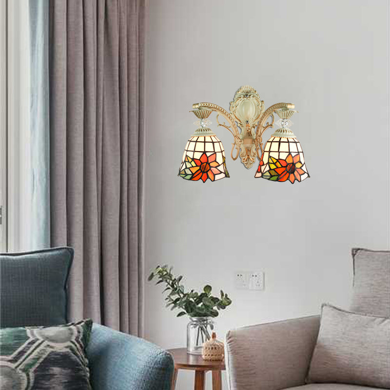 Bell Living Room Wall Lamp with Sunflower Stained Glass 2 Bulbs Traditional Tiffany Wall Sconce with Arc/Curved Arm in White Clearhalo 'Industrial' 'Middle century wall lights' 'Tiffany wall lights' 'Tiffany' 'Wall Lamps & Sconces' 'Wall Lights' Lighting' 179648
