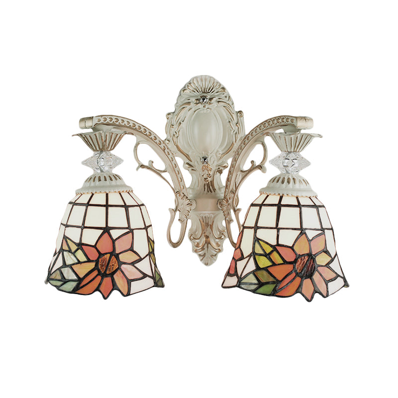 Bell Living Room Wall Lamp with Sunflower Stained Glass 2 Bulbs Traditional Tiffany Wall Sconce with Arc/Curved Arm in White Clearhalo 'Industrial' 'Middle century wall lights' 'Tiffany wall lights' 'Tiffany' 'Wall Lamps & Sconces' 'Wall Lights' Lighting' 179649