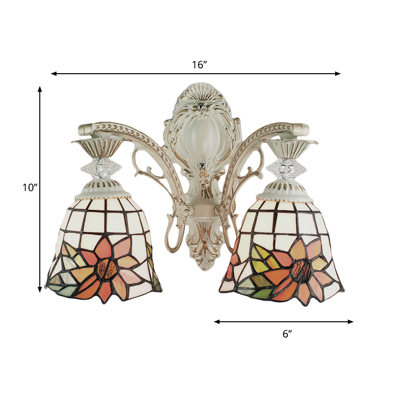 Bell Living Room Wall Lamp with Sunflower Stained Glass 2 Bulbs Traditional Tiffany Wall Sconce with Arc/Curved Arm in White Clearhalo 'Industrial' 'Middle century wall lights' 'Tiffany wall lights' 'Tiffany' 'Wall Lamps & Sconces' 'Wall Lights' Lighting' 179650