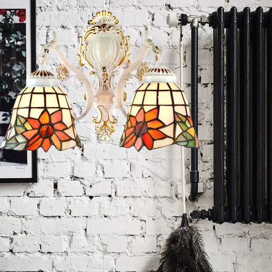 Bell Living Room Wall Lamp with Sunflower Stained Glass 2 Bulbs Traditional Tiffany Wall Sconce with Arc/Curved Arm in White Beige Curved Clearhalo 'Industrial' 'Middle century wall lights' 'Tiffany wall lights' 'Tiffany' 'Wall Lamps & Sconces' 'Wall Lights' Lighting' 179651