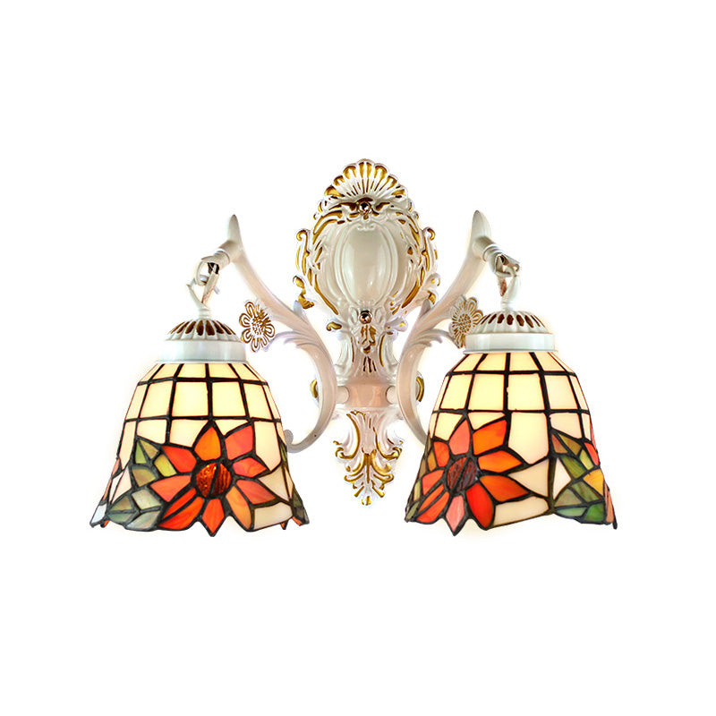 Bell Living Room Wall Lamp with Sunflower Stained Glass 2 Bulbs Traditional Tiffany Wall Sconce with Arc/Curved Arm in White Clearhalo 'Industrial' 'Middle century wall lights' 'Tiffany wall lights' 'Tiffany' 'Wall Lamps & Sconces' 'Wall Lights' Lighting' 179652