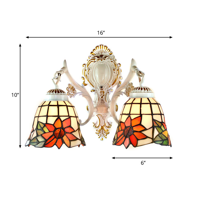 Bell Living Room Wall Lamp with Sunflower Stained Glass 2 Bulbs Traditional Tiffany Wall Sconce with Arc/Curved Arm in White Clearhalo 'Industrial' 'Middle century wall lights' 'Tiffany wall lights' 'Tiffany' 'Wall Lamps & Sconces' 'Wall Lights' Lighting' 179653