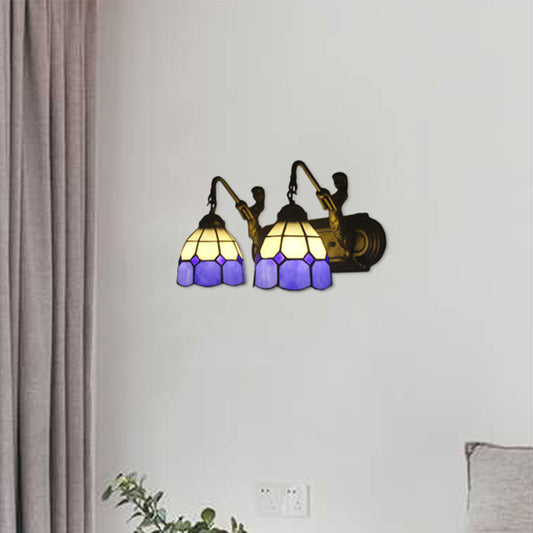 2 Heads Wall Mount Light Mediterranean Grid Patterned Blue Glass Sconce Light with Mermaid Backplate Blue Clearhalo 'Industrial' 'Middle century wall lights' 'Tiffany wall lights' 'Tiffany' 'Wall Lamps & Sconces' 'Wall Lights' Lighting' 179654