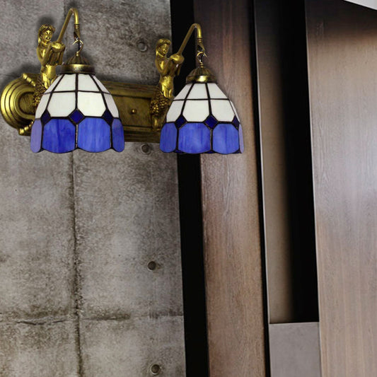 2 Heads Wall Mount Light Mediterranean Grid Patterned Blue Glass Sconce Light with Mermaid Backplate Clearhalo 'Industrial' 'Middle century wall lights' 'Tiffany wall lights' 'Tiffany' 'Wall Lamps & Sconces' 'Wall Lights' Lighting' 179655
