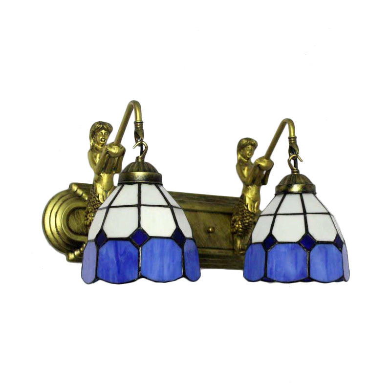 2 Heads Wall Mount Light Mediterranean Grid Patterned Blue Glass Sconce Light with Mermaid Backplate Clearhalo 'Industrial' 'Middle century wall lights' 'Tiffany wall lights' 'Tiffany' 'Wall Lamps & Sconces' 'Wall Lights' Lighting' 179656