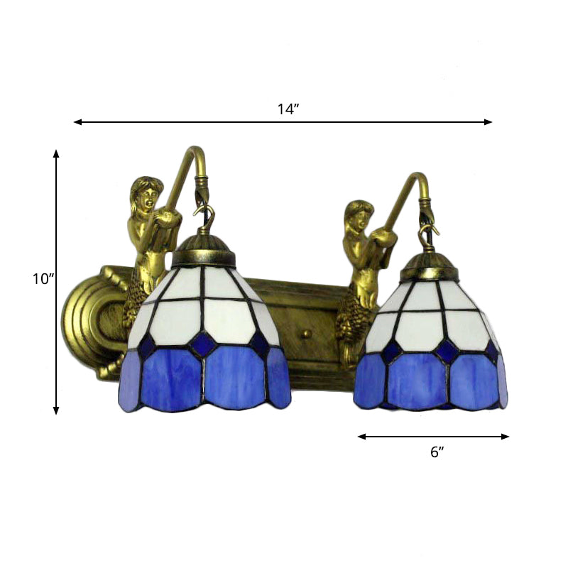 2 Heads Wall Mount Light Mediterranean Grid Patterned Blue Glass Sconce Light with Mermaid Backplate Clearhalo 'Industrial' 'Middle century wall lights' 'Tiffany wall lights' 'Tiffany' 'Wall Lamps & Sconces' 'Wall Lights' Lighting' 179657